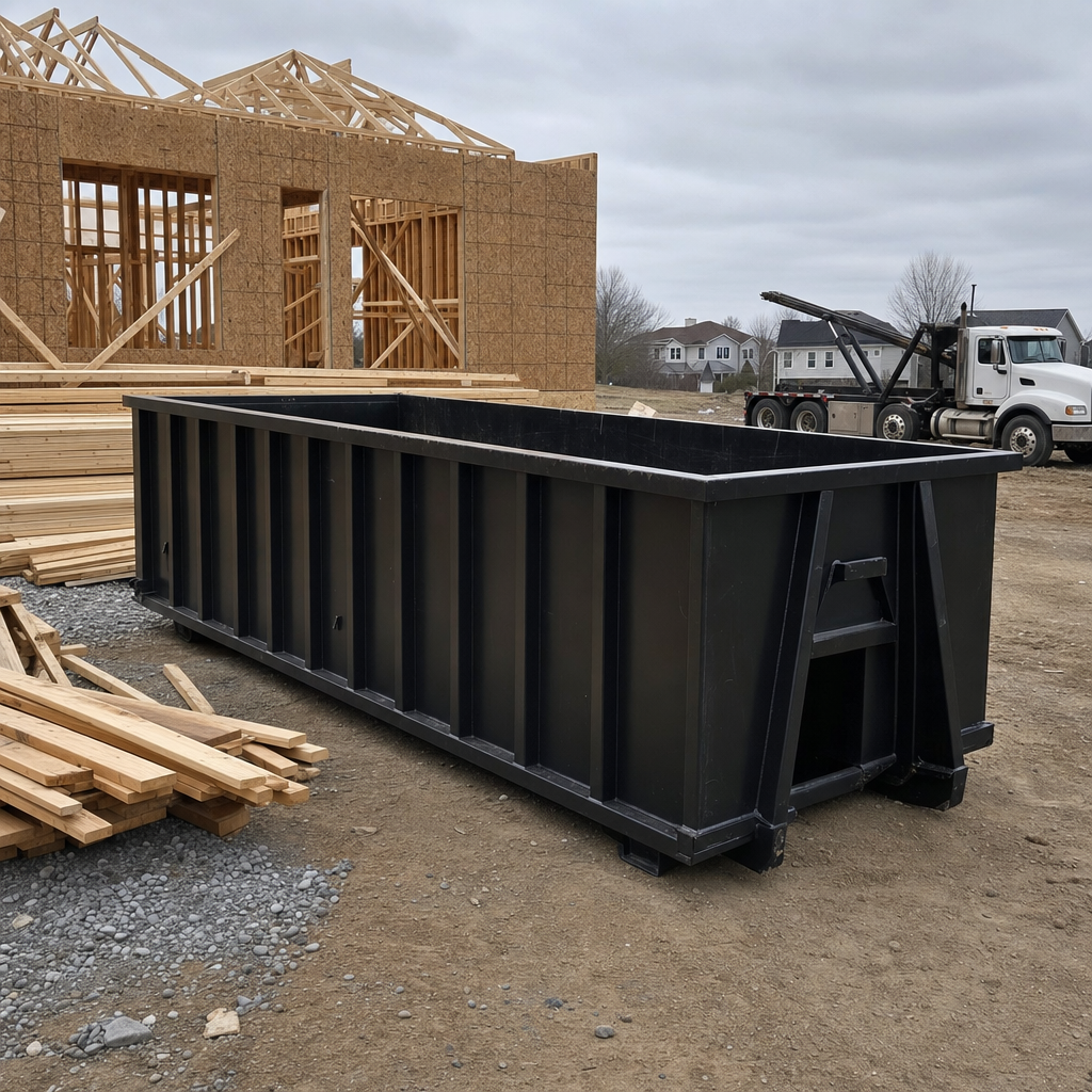 Matte-black 40-yard roll-off dumpster staged on a framed-out residential construction site in San Clemente, framing lumber stacked nearby, hooklift delivery truck visible in the background under bright Colorado daylight
