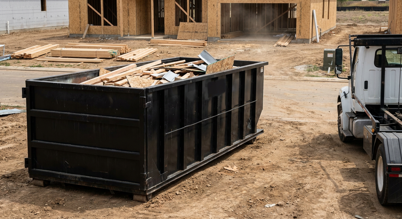 Matte-black 20-yard roll-off construction dumpster with heavy ribbed steel sidewalls and swing rear doors at a working jobsite in San Clemente, sitting directly on compacted dirt with an unmarked white hauler partially visible at the far edge of the frame.
