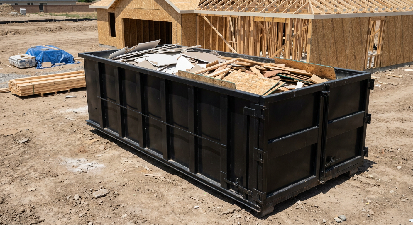 Matte-black 30-yard roll-off construction dumpster sitting directly on the compacted-dirt site of a framed single-family home build in San Clemente, drywall and lumber scrap loaded inside.