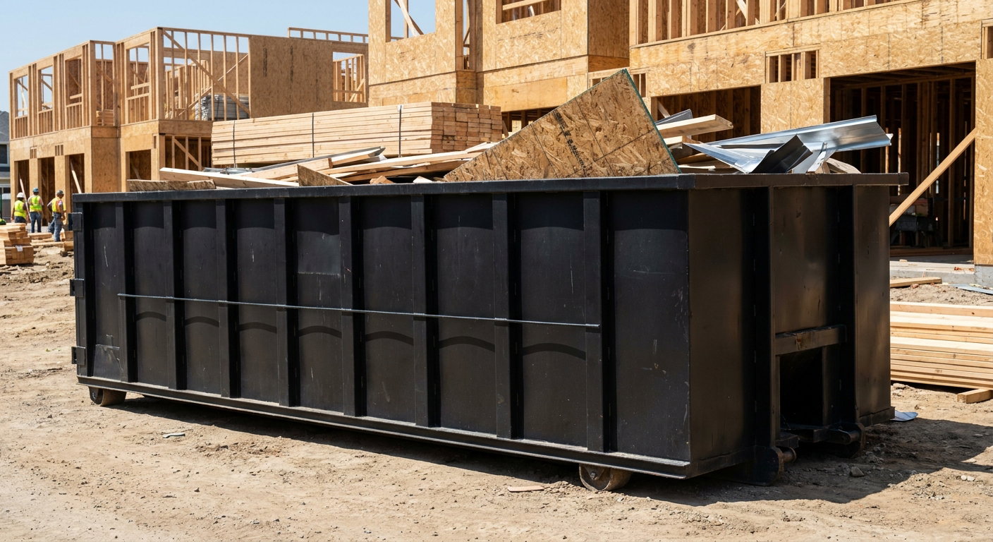 Matte-black 40-yard roll-off construction dumpster being lowered from a white-cab hooklift delivery truck onto the compacted-dirt jobsite at a commercial build site in San Clemente