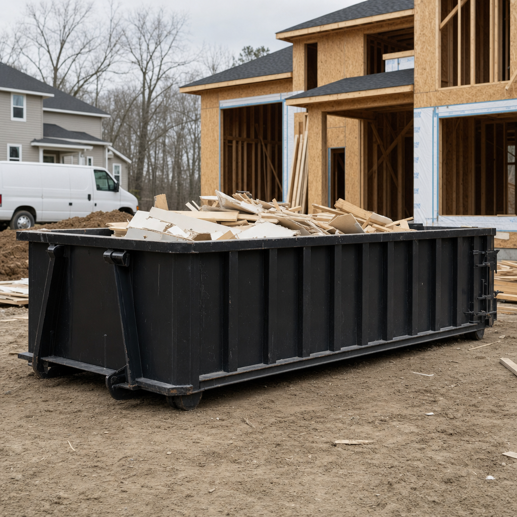 Worker in a yellow high-visibility vest tossing framing lumber and broken drywall into a matte-black 30-yard construction roll-off dumpster on an active build site in San Clemente, bright daylight