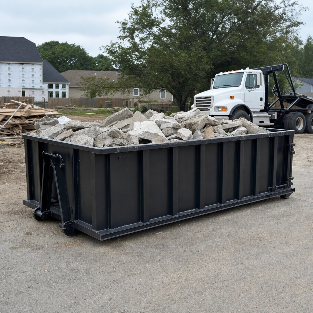 Low-profile matte-black lowboy roll-off dumpster loaded with broken concrete slab and rebar at a foundation tear-out in San Clemente, skid steer parked beside it, sunny Colorado morning