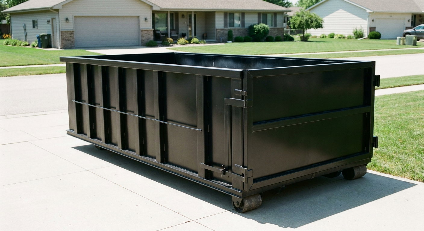 Matte-black 10-yard roll-off dumpster on a residential concrete driveway in San Clemente, uniformly painted matte black across every panel and rail, ribbed steel sidewalls and rear swing door visible, mid-day daylight.