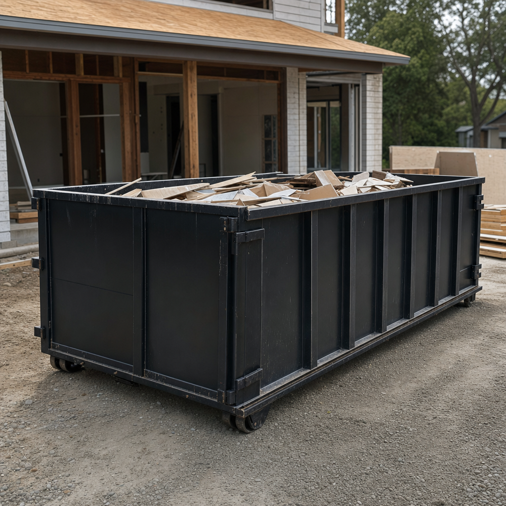 Large matte-black 30-yard construction roll-off dumpster at an active San Clemente jobsite, steel-gray top rails and bottom rollers visible, loaded with construction debris.