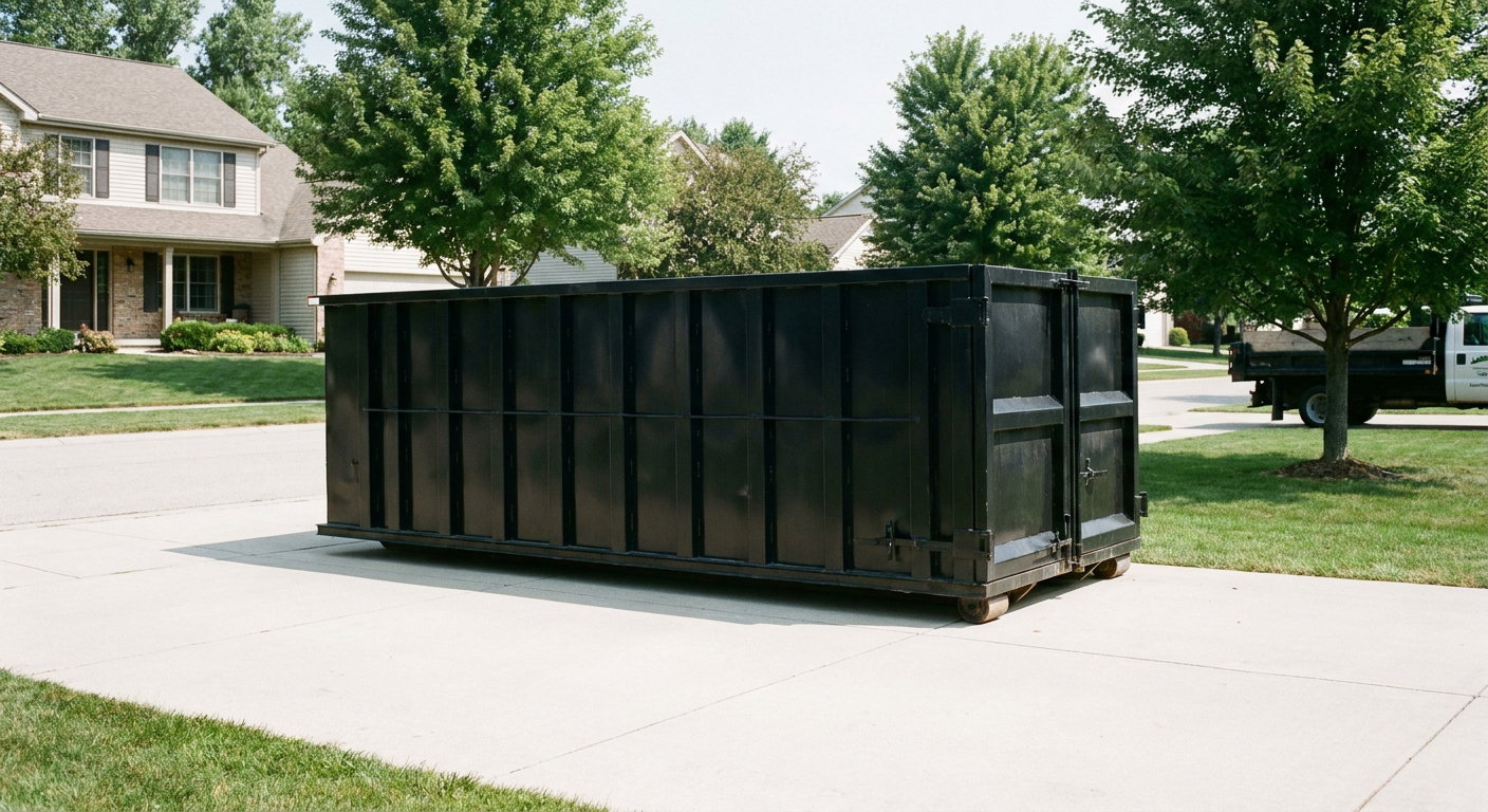 Matte-black 20-yard roll-off dumpster sitting level on a clean San Clemente residential concrete driveway under bright daylight, demonstrating clean placement directly on the concrete.