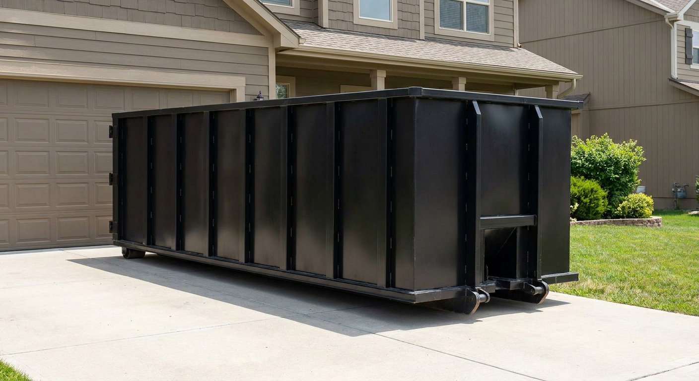 Matte-black residential roll-off dumpster sitting directly on a suburban San Clemente concrete driveway, garage door closed, single-family home in background, bright morning daylight.
