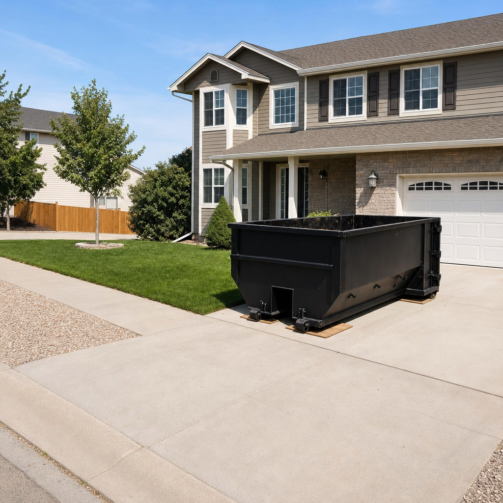 10-yard matte-black residential dumpster placed directly on a narrow San Clemente concrete driveway, room remains for a parked sedan beside it, mid-morning natural light