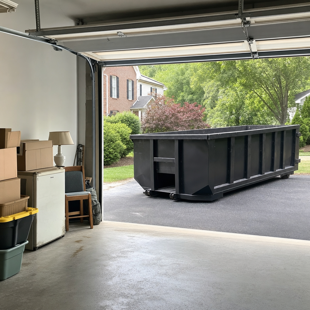 Open garage interior in a San Clemente home mid-cleanout — boxed items, an old appliance, and stacked yard tools queued near the driveway for a matte-black roll-off dumpster, organized and calm
