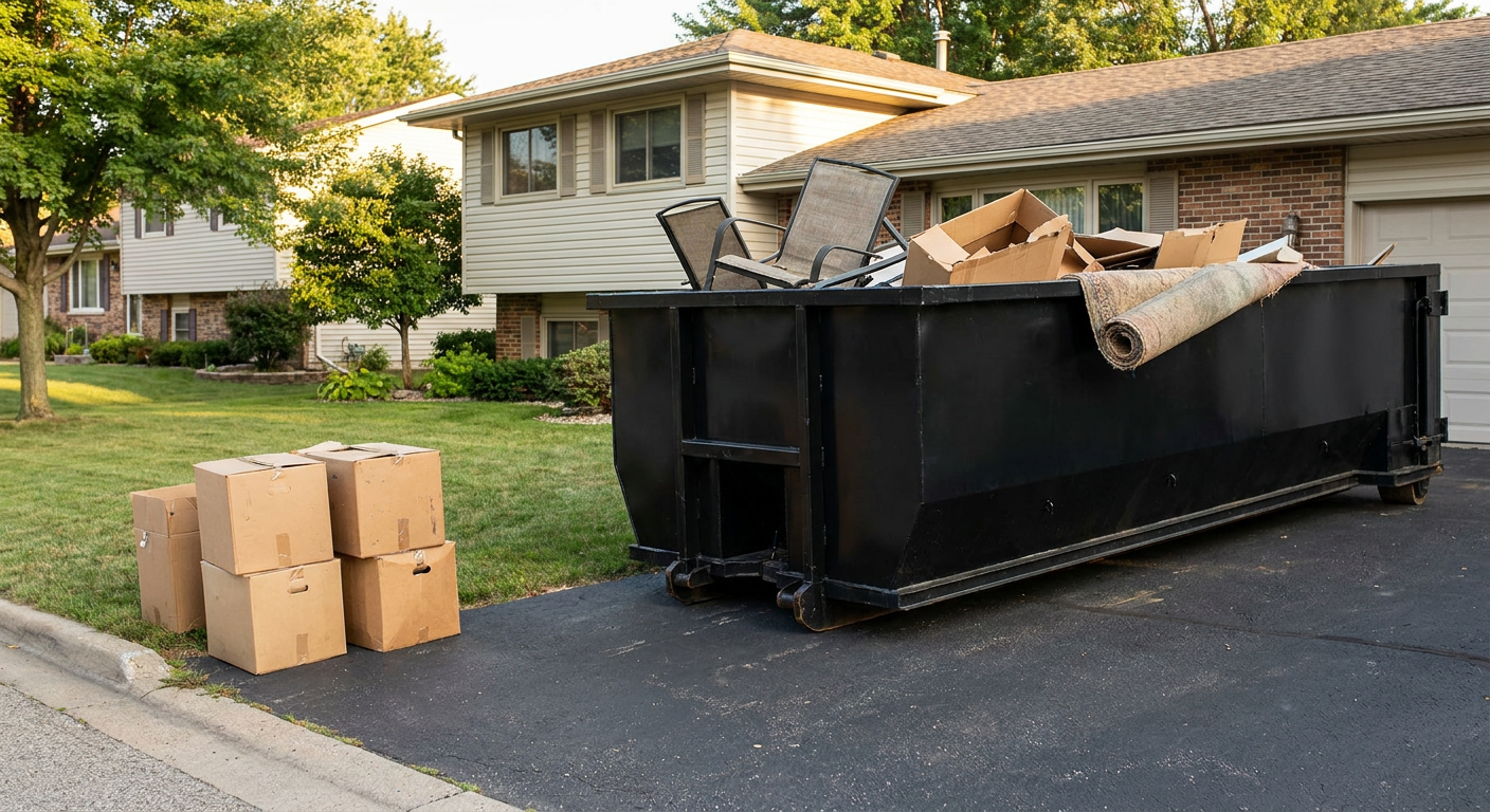 Front-yard view of a San Clemente split-level home with a 20-yard matte-black roll-off dumpster sitting directly on the asphalt driveway, a few clearly labeled donation boxes staged at the curb, calm sunny afternoon.