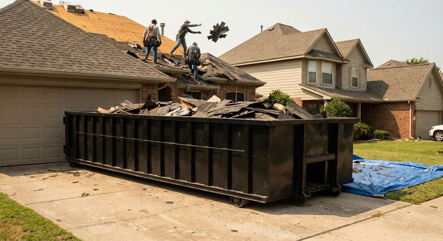 Matte-black roofing roll-off dumpster placed directly on a San Clemente residential concrete driveway, a tear-off crew on a two-story asphalt-shingle roof tossing shingle bundles into the low-walled container, bright daylight, documentary 35mm perspective.