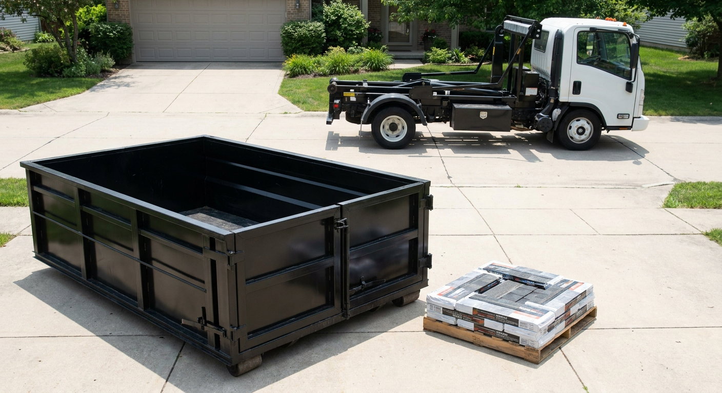 Matte-black 15-yard roofing roll-off dumpster with reinforced low side walls sitting directly on a San Clemente residential concrete driveway, three-tab asphalt shingle bundles stacked nearby, an unmarked white hauler truck partially visible at the edge of the frame.