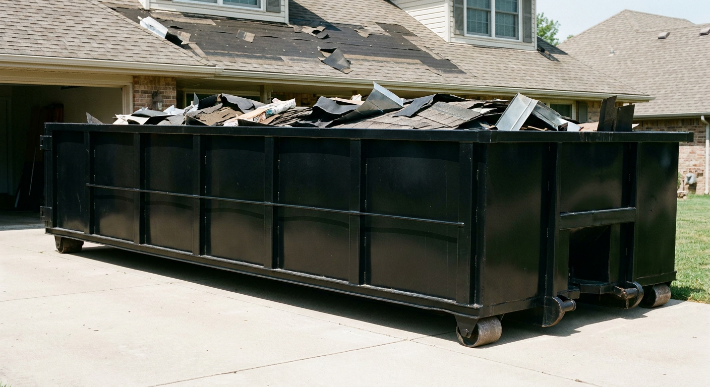 Matte-black 20-yard roofing roll-off dumpster with steel ribbed sides and swinging rear door, sitting directly on the concrete driveway of a two-story San Clemente home, asphalt shingle debris being loaded over the low wall, clean documentary lighting.