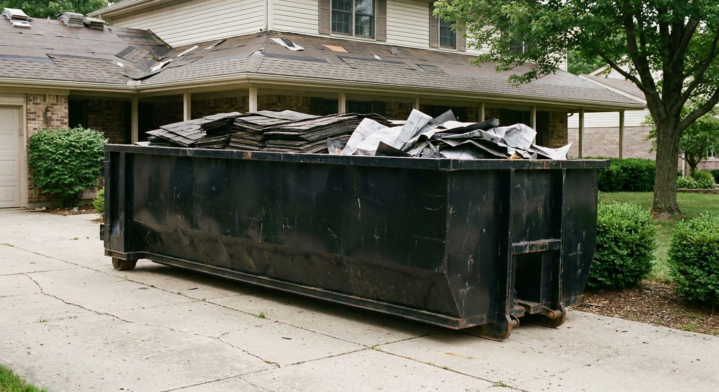 Matte-black 30-yard roofing roll-off dumpster sitting directly on a San Clemente concrete driveway, taller ribbed steel side panels, mixed tear-off debris of asphalt shingles and underlayment inside, professional documentary daylight.