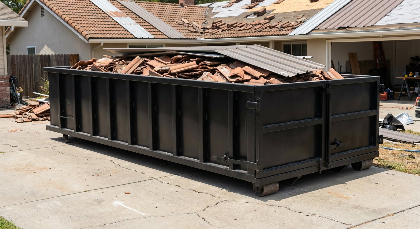 Matte-black low-wall heavy-debris roofing roll-off dumpster sitting directly on a San Clemente concrete driveway, broken concrete clay roof tiles and metal panel sections loaded inside, reinforced ribbed steel side walls visible, bright outdoor daylight.
