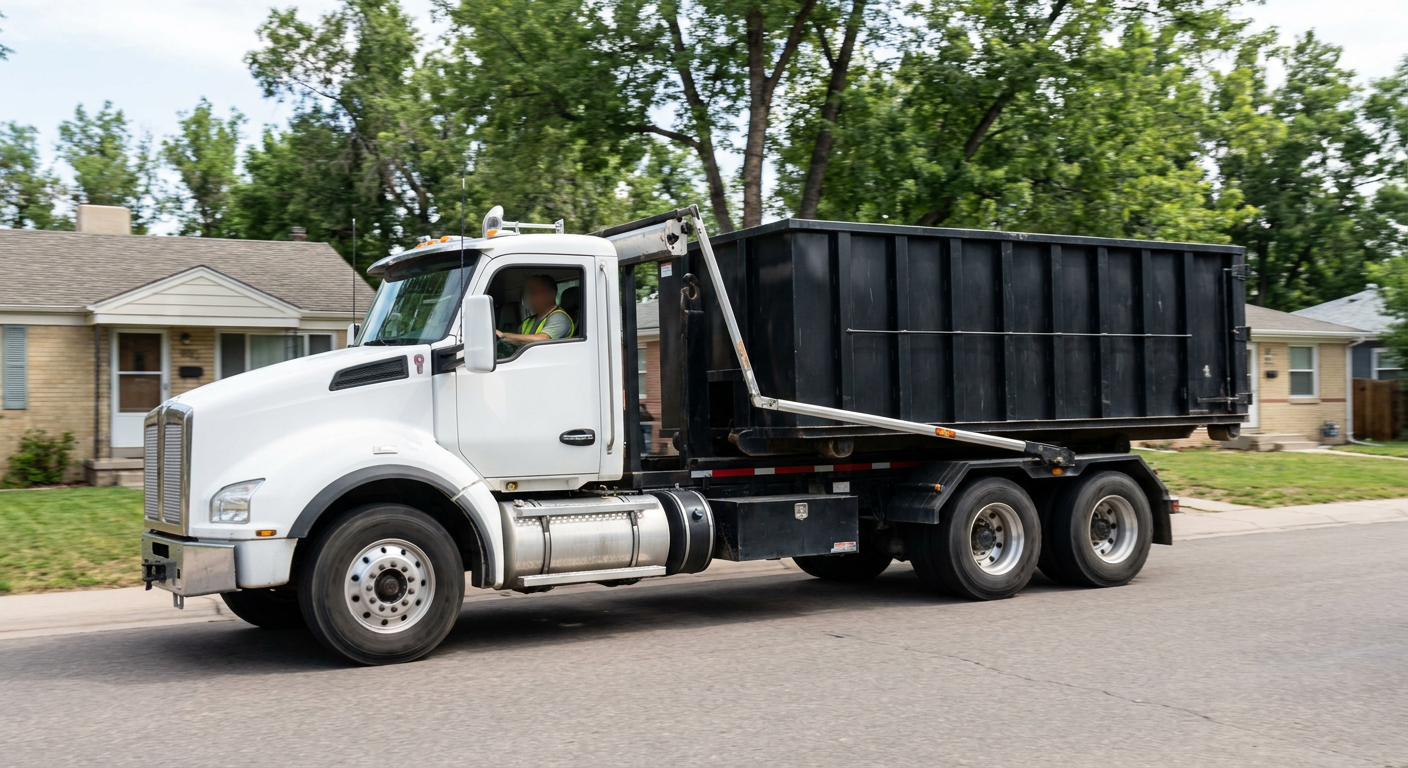 A wide documentary shot of a matte-black roll-off delivery truck pulling onto a quiet San Clemente residential street at mid-morning, with neighborhood rooftops and tree-lined blocks visible behind, showing the metro coverage footprint.