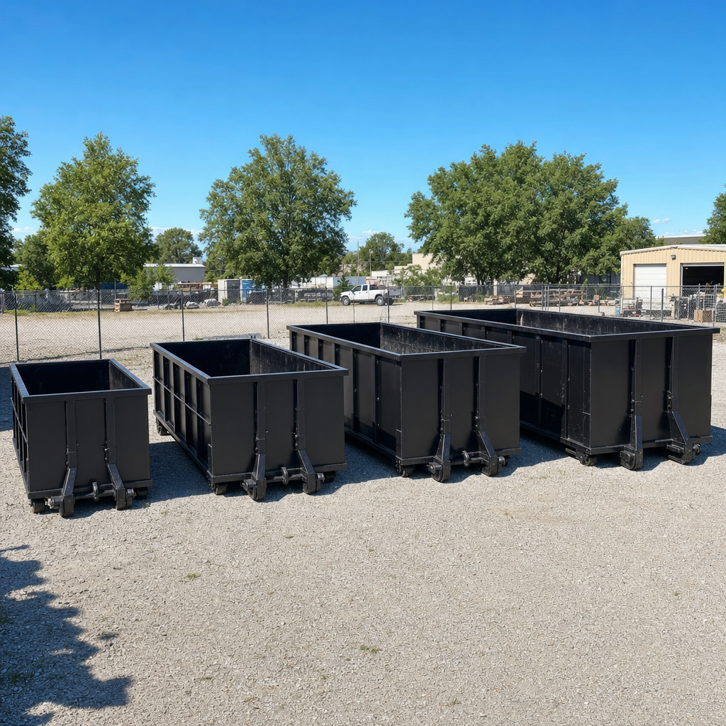 A clean lineup of matte-black roll-off dumpsters in 10, 20, 30, and 40-yard sizes staged on a sunlit gravel yard in San Clemente, showing the size progression from compact to commercial-scale containers.