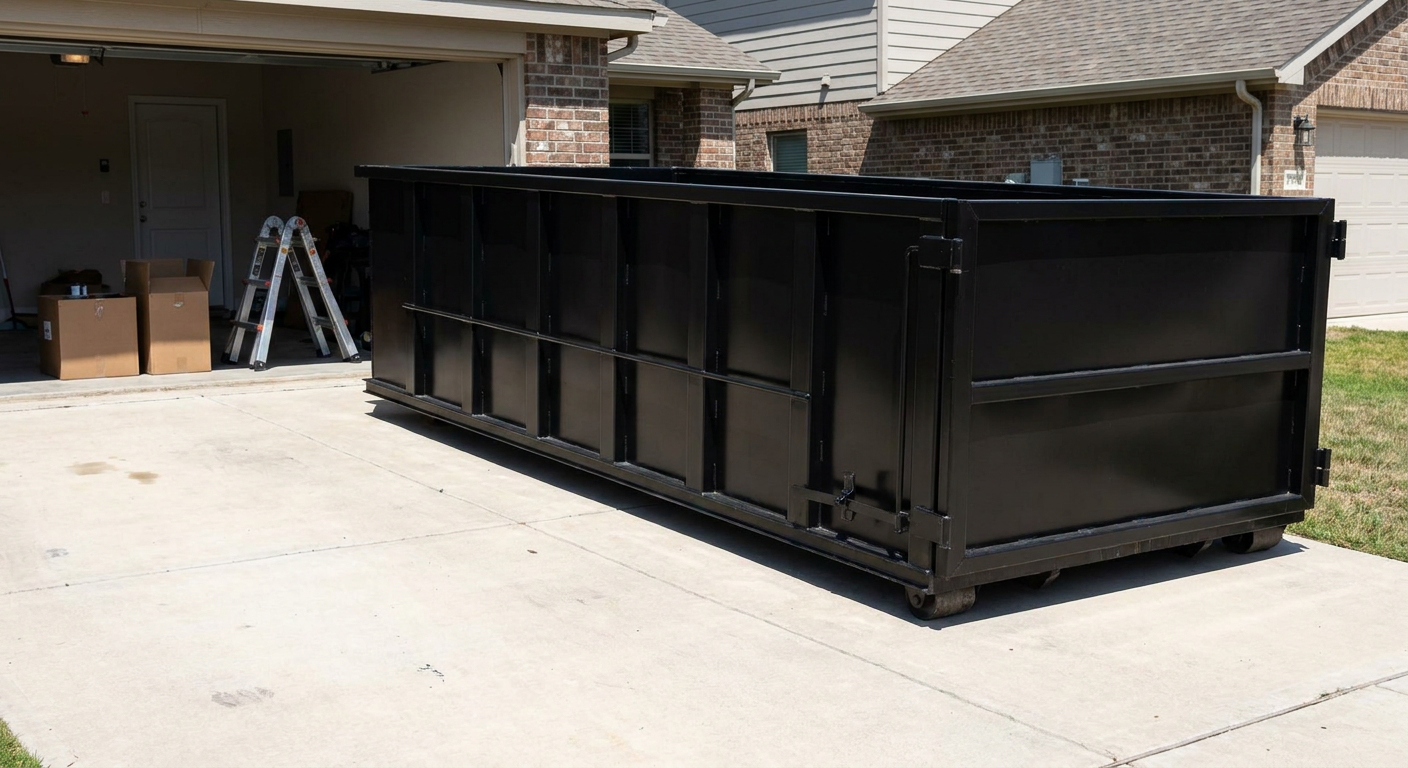 A matte-black 10-yard roll-off dumpster sitting directly on a residential San Clemente concrete driveway, mid-day sunlight, clean and ready for a garage cleanout.