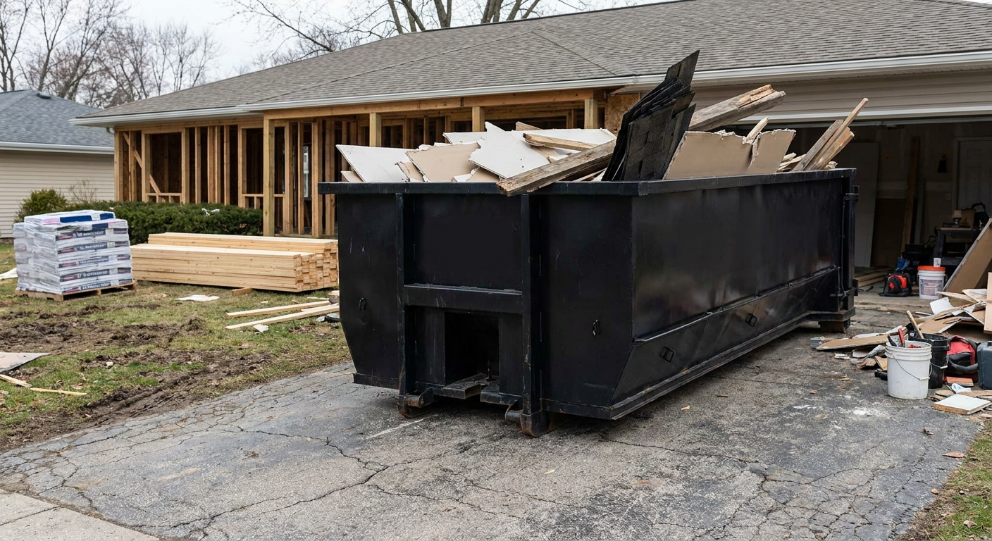 A matte-black 20-yard roll-off dumpster placed alongside a mid-renovation San Clemente home directly on the asphalt driveway, with framing materials and torn-off shingles staged neatly nearby.