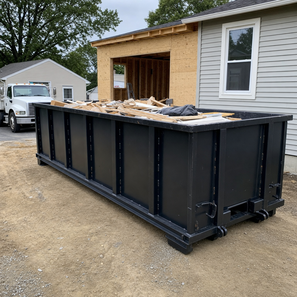 A matte-black 30-yard roll-off dumpster positioned at a San Clemente residential addition jobsite, with framing lumber and drywall scraps loaded through the open swinging rear doors.