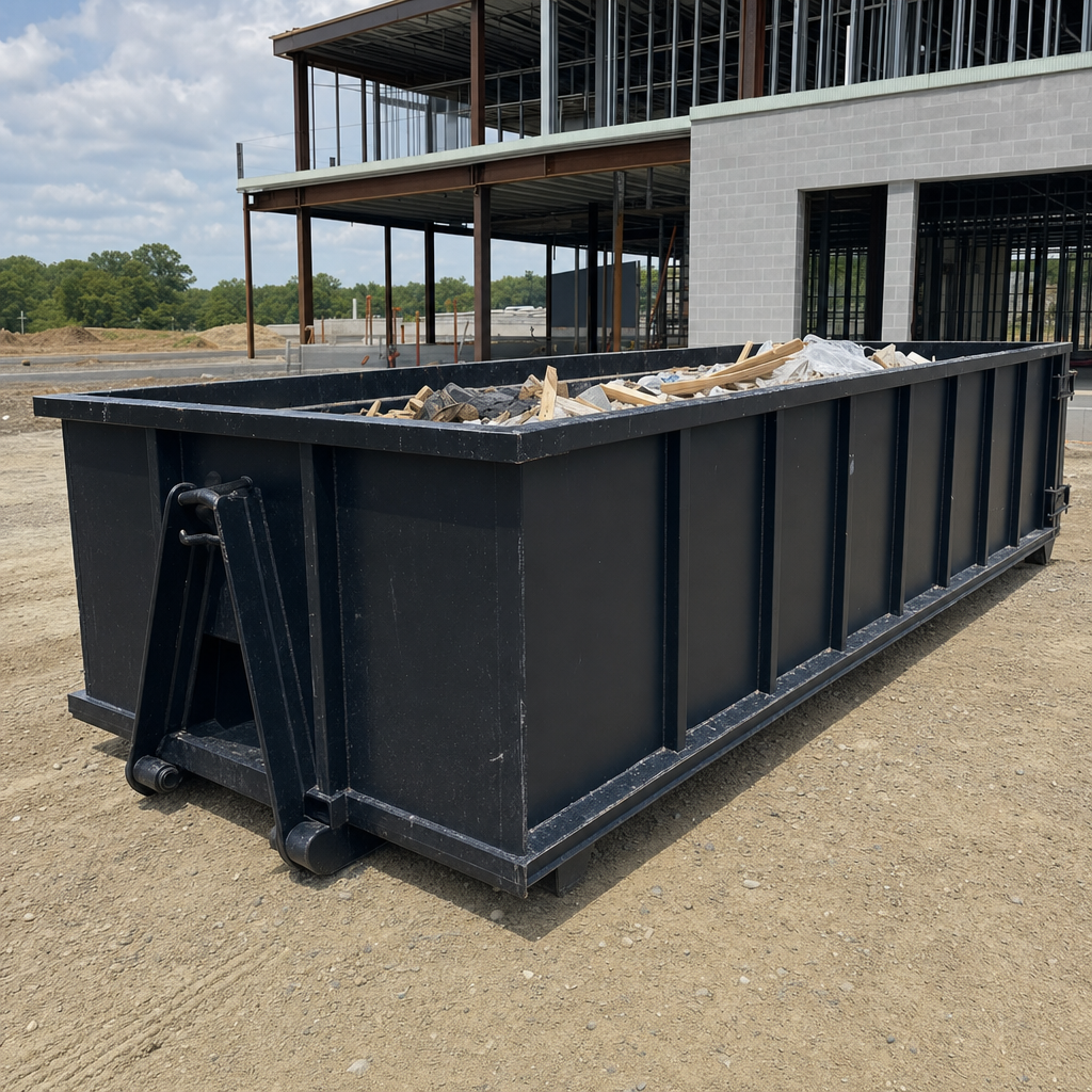 A matte-black 40-yard roll-off dumpster staged on a large San Clemente commercial construction lot, with a hooklift delivery truck parked alongside under bright midday sky.