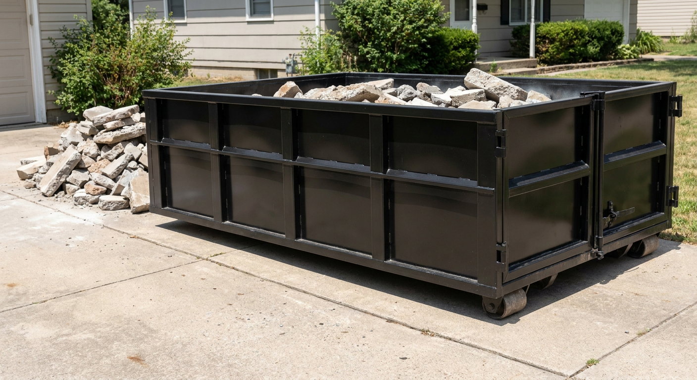 A matte-black low-side heavy-debris roll-off dumpster placed directly on a San Clemente concrete driveway, with broken concrete chunks neatly stacked beside it under clean daylight.